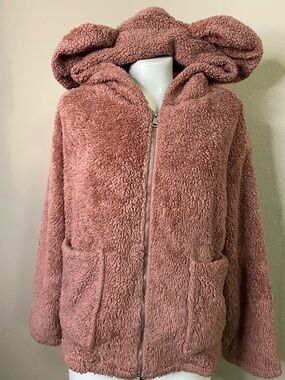 HYFVE Plush Teddy bear ears hoodie Jacket mauve S 💕🧸